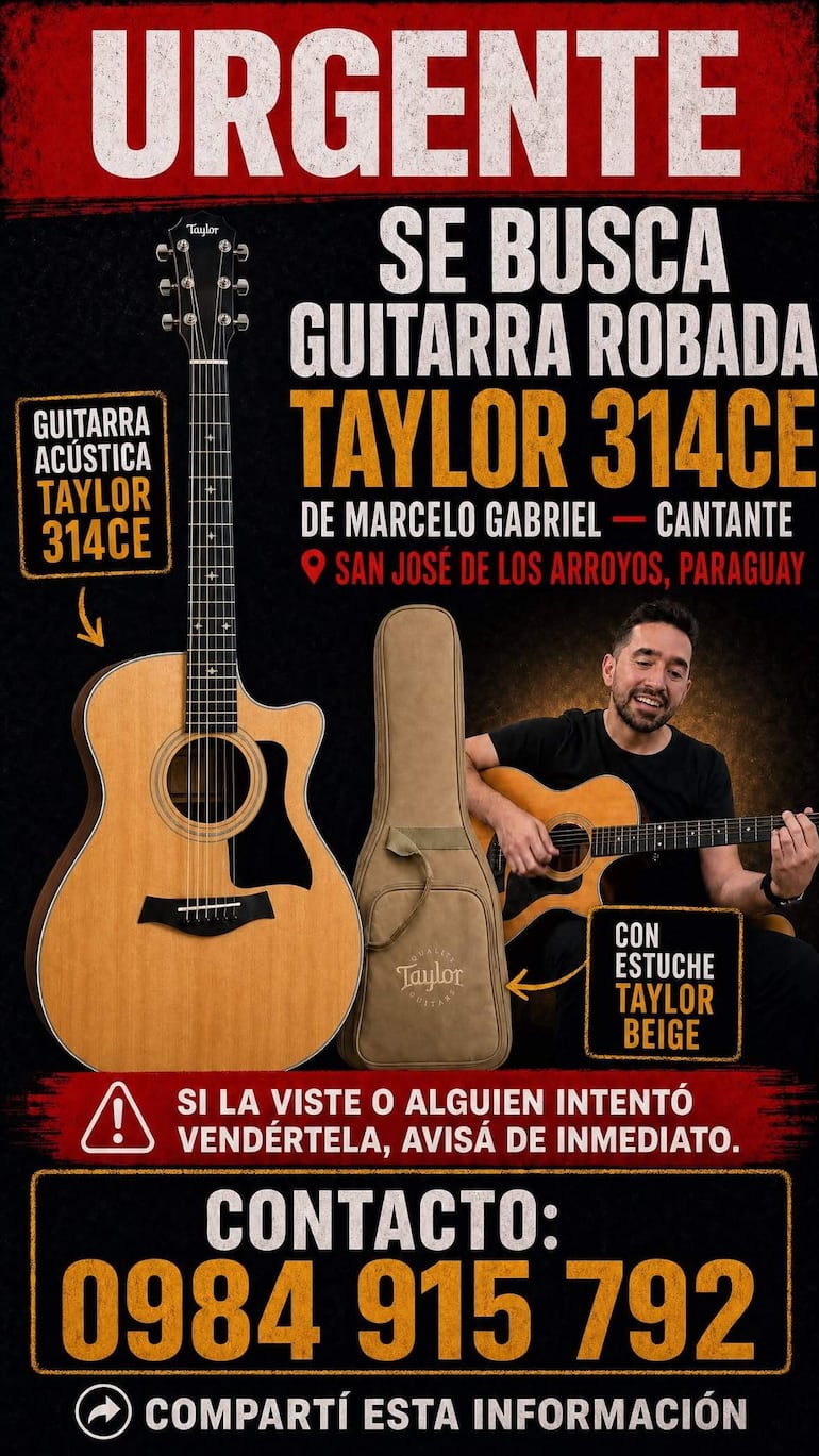 Cartel de búsqueda con fondo oscuro y mensaje urgente sobre la guitarra de Marcelo Gabriel, acompañado de un retrato de un hombre tocando.