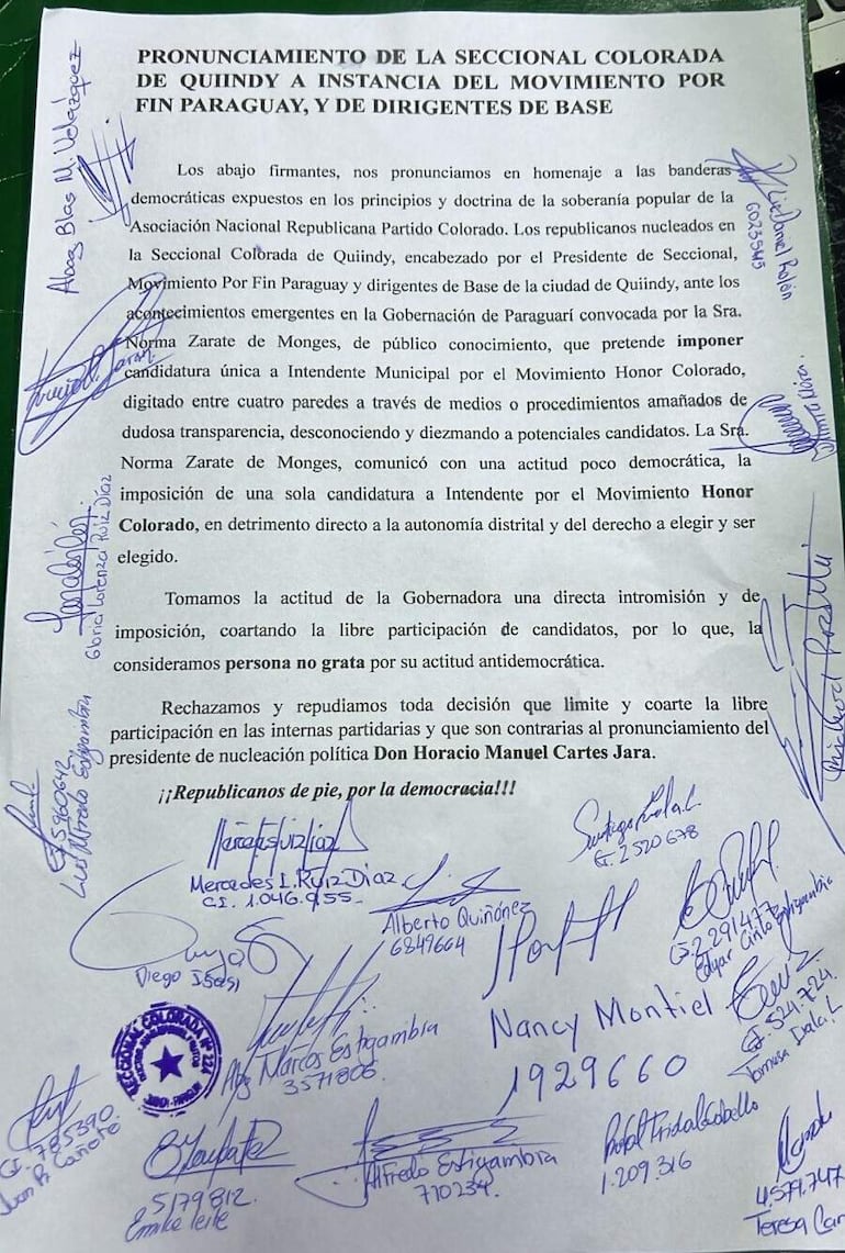 Dirigentes colorados de Quiindy declaran persona no grata a gobernadora de ParaguaríDe	emilce ramirez <emilce.ramirez1970@gmail.com>Destinatario	foto@abc.com.py, interior@abc.com.pyFecha	24-12-2025 08:45