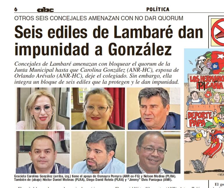 Bloque de concejales de Lambaré que protegen a la edil Carolina González (ANR, HC). Entre ellos están tres liberales.