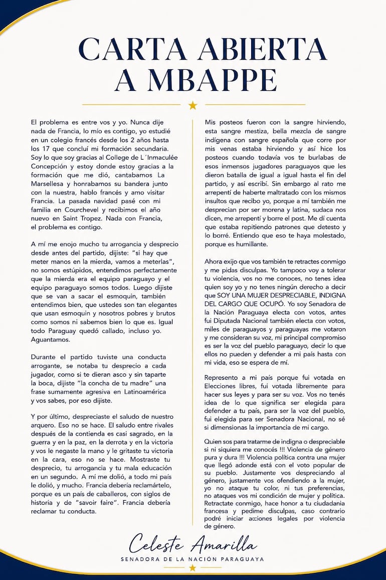 La carta abierta de la senadora Celeste Amarilla al futbolista francés Kylian Mbappé.