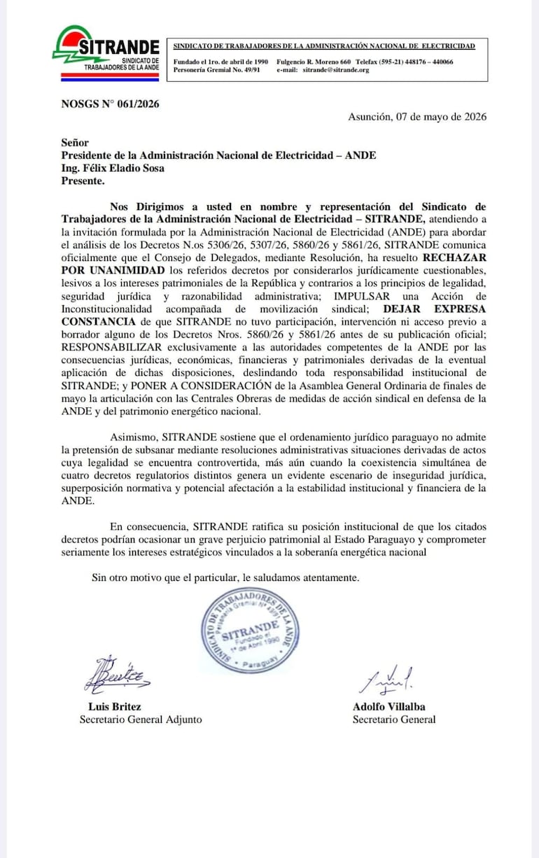 Nota de Sitrande informando al titular de la ANDE sobre el vacío a su convocatoria y los motivos.