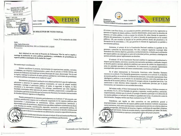 Documento oficial de la Municipalidad de Luque con texto impreso y encabezados.