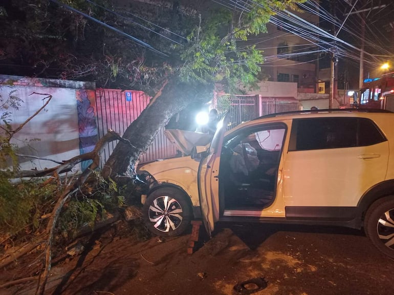 Vehículo blanco dañado junto a un árbol caído, con puerta del conductor abierta en una escena urbana nocturna.