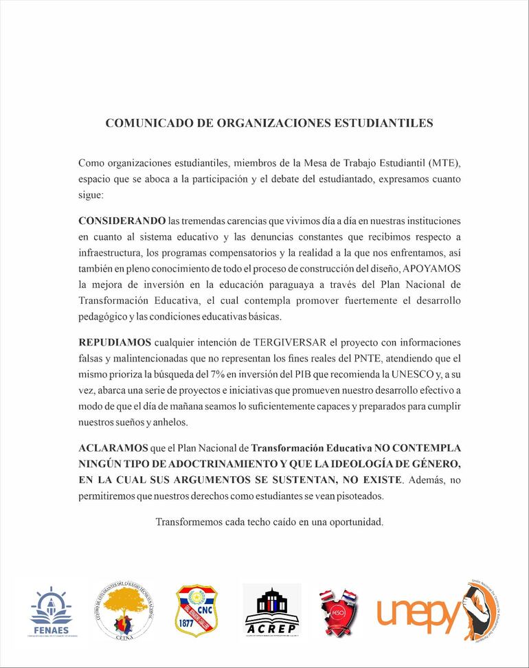 Comunicado de los gremios estudiantiles a favor de la Transformación Educativa.