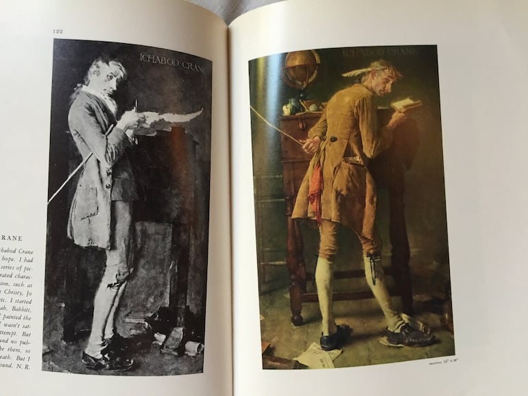 Dos retratos de Ichabod Crane, el entrañable personaje literario creado por Washington Irving, realizados por el artista Norman Rockwell y reproducidos en las páginas 122 y 123 del libro de Arthur Leighton "Norman Rockwell, illustrator" (Nueva York, Watson-Guptill, 1975, 208 pp.)