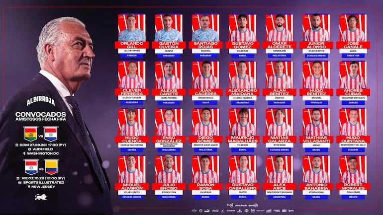 La lista de convocados de Gustavo Alfaro para los amistosos de la selección paraguaya de fútbol ante Bolivia y Colombia.