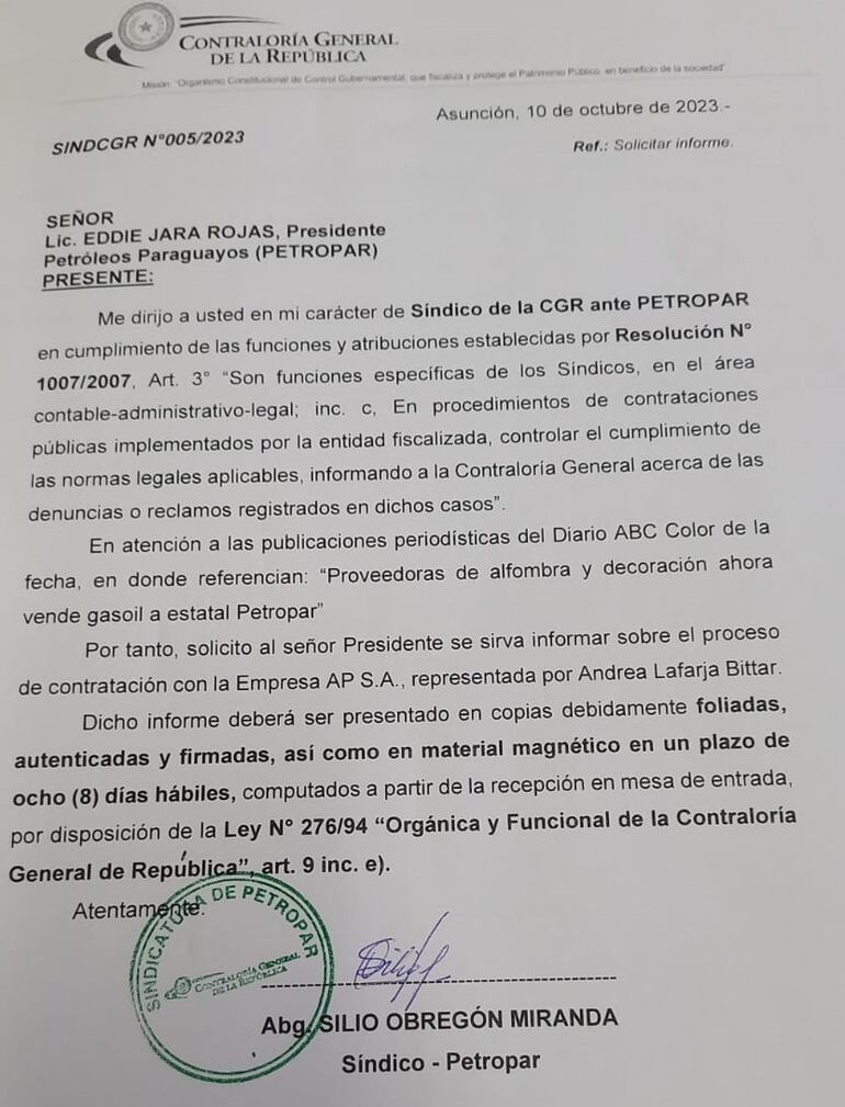 Nota que el síndico de la CGR remitió a Petropar.