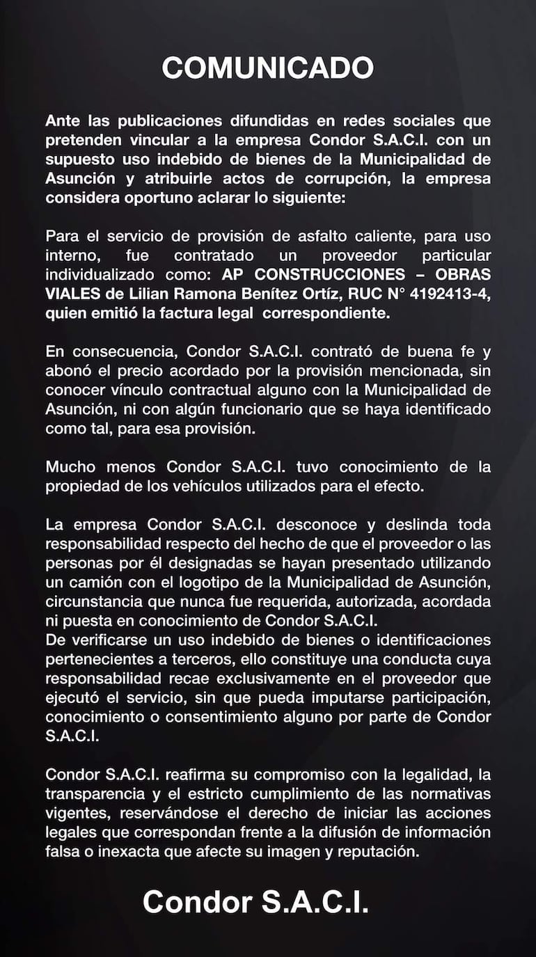 Comunicado de Condor S.A.C.I. en fondo negro con texto claro sobre acusaciones de corrupción.