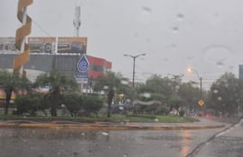 Escena urbana con edificios comerciales bajo intensa lluvia. Agua acumulada en la calle, vegetación visible y ambiente solitario.