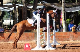 María Victoria Ruiz sobre el lomo de Estrellita sortea el obstáculo a 0.70, resultando campeona de la categoría en Menores.