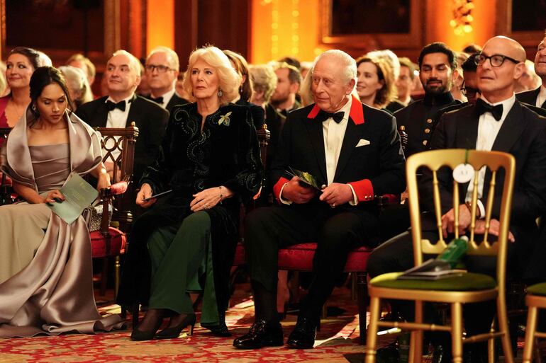 Los reyes Carlos III y Camila rodeados de invitados especiales en el estreno de "Finding Harmony: A King's Vision" de Prime Video, en el Castillo de Windsor. (Jonathan Brady / POOL / AFP)