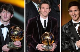 (COMBO) This combination of files photographs created on October 30, 2023, shows Barcelona's Argentinian forward Lionel Messi reacting as he receives the Ballon d'Or football award (from L to R) for the year 2009 in Boulogne-Billancourt, outside Paris, on December 6, 2009; for the year 2010 in Zurich, on January 10, 2011; for the year 2011 in Zurich on January 9, 2012; for the year 2012 in Zurich on January 7, 2013; for the year 2015 in Zurich on January 11, 2016; for the year 2019 in Paris on December 2, 2019; for the year 2021 in Paris on November 29, 2021; for the year 2023 in Paris on October 30, 2023. Lionel Messi won the men's Ballon d'Or award for a record-extending eight time at a ceremony in Paris on October 30, 2023. (Photo by AFP)