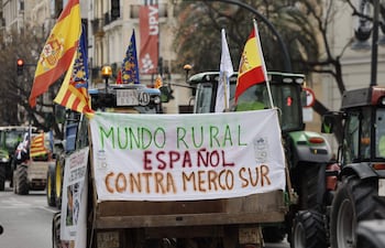 Manifestación contra el acuerdo comercial UE-Mercosur, promovida por asociaciones de agricultores independientes valencianas adscritas a Unaspi (Unión Nacional de Asociaciones del Sector Primario Independientes).