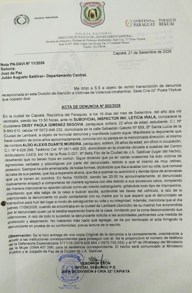 Denuncia presentada por víctima de feminicidio Deisy Paola Giménez Segovia.