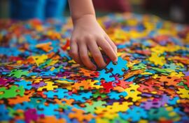 Piezas de colores de un rombecabezas y una mano infantil.