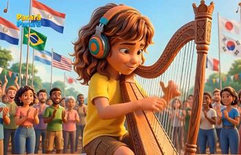 Niña de cabello rizado con auriculares toca arpa, rodeado de personas felices aplaudiendo en un ambiente festivo con banderas.