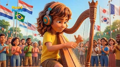 Niña de cabello rizado con auriculares toca arpa, rodeado de personas felices aplaudiendo en un ambiente festivo con banderas.