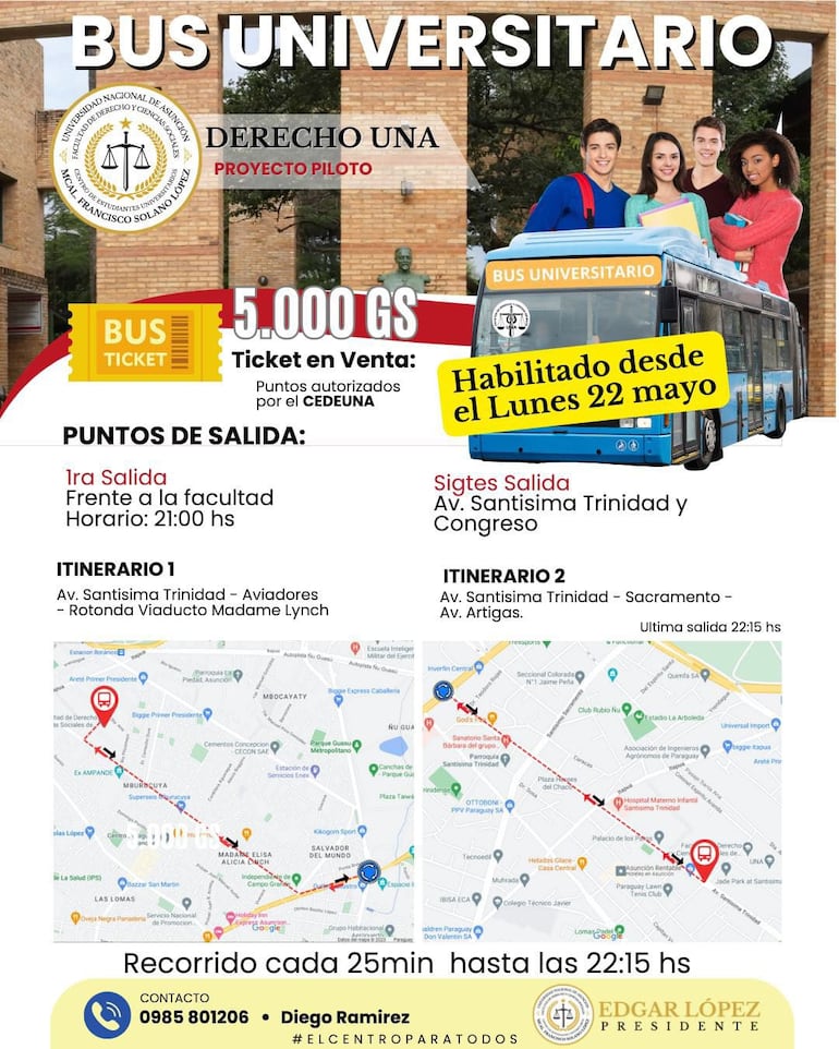 Anuncio del Centro de Estudiantes de Derecho - UNA referente a la implementación de los buses universitarios.