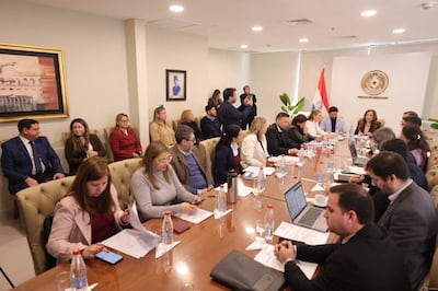 Lourdes Noelia Cabrera Petters revisa documentos en reunión formal, rodeada de miembros de la comisión de Salud del IPS.