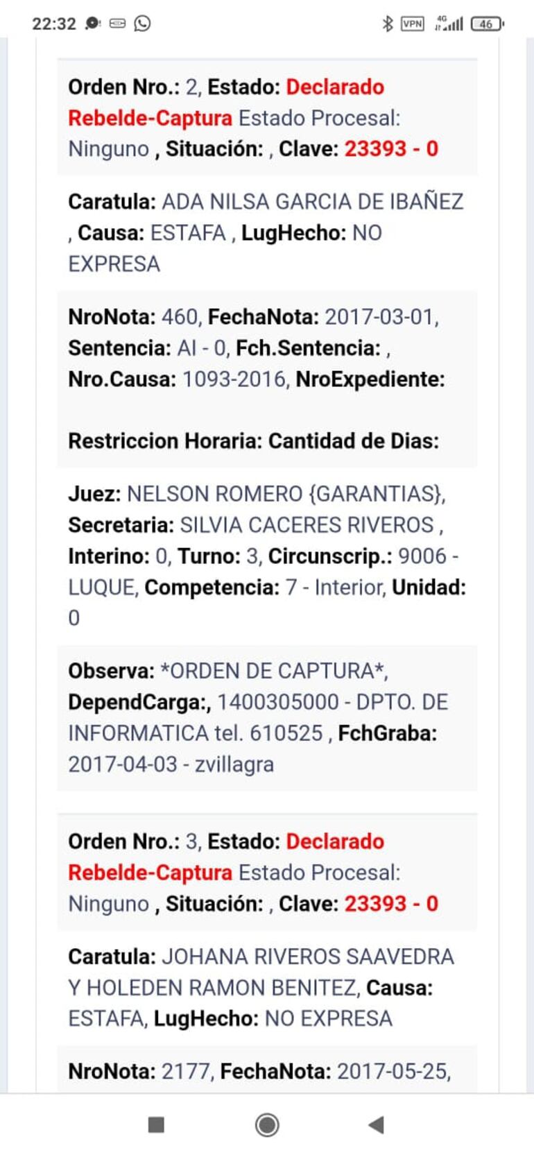 Ficha policial de Johana Riveros Saavedra donde registra antecedentes y órdenes de captura.