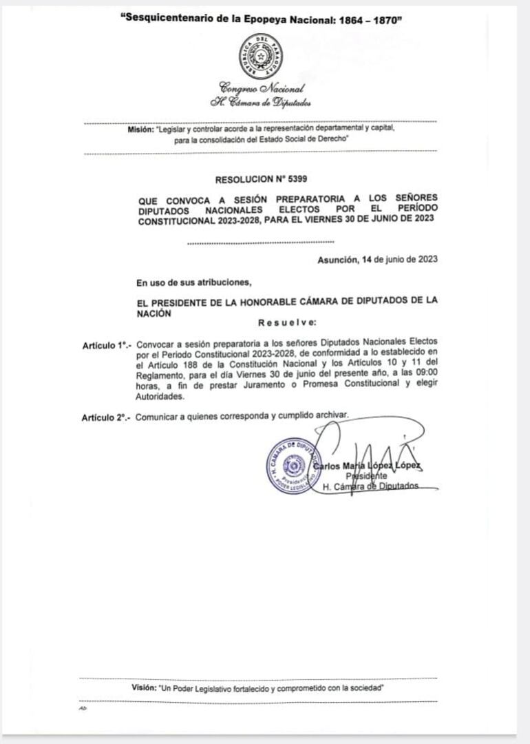 Resolución de convocatoria a diputados electos para el periodo 2023-2028.