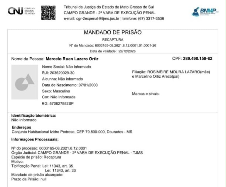Mandato de prisión de Marcelo Ruan Lázaro Ortiz, en Brasil. En Paraguay tiene documentos a nombre de Marcelo Juan Ortiz Moura.