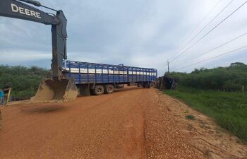 Con un tractor enderezan el camión que tumbó en medio de la ruta con los 50 animales a bordo.
