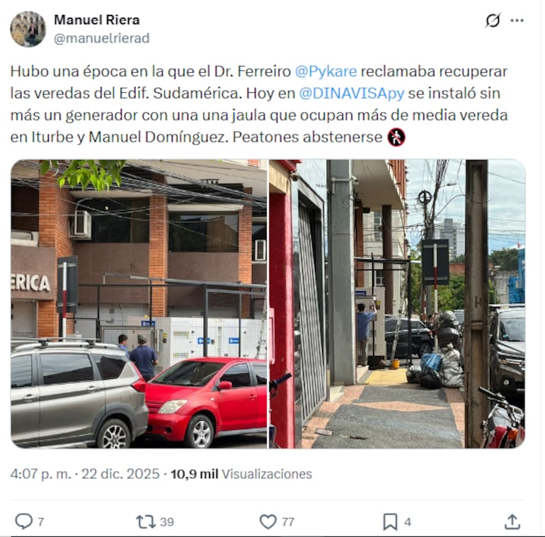 Denuncia de Manuel Riera sobre ocupación de vereda.