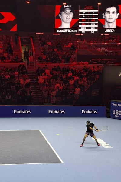 El español Rafa Jodar, en acción durante su partido frente al noruego Nicolai Budkov Kjaer en las Finales Next Gen, este jueves en Yeda.