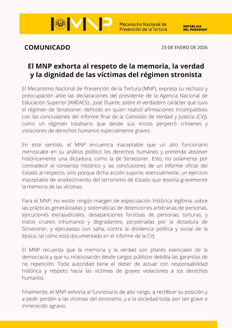 Comunicado del Mecanismo Nacional de Prevención de la Tortura (MNP).
