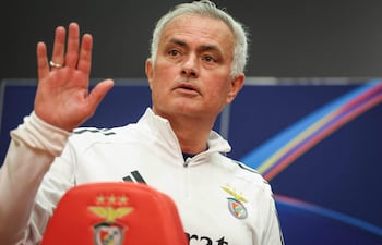 Benficas coach Jose Mourinho arrives for a press conference on the eve of their UEFA Champions League knockout round play-off first leg football match against Real Madrid at Benfica Campus in Seixal, outskirts of Lisbon, on February 16, 2026. (Photo by PATRICIA DE MELO MOREIRA / AFP)