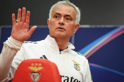 Benficas coach Jose Mourinho arrives for a press conference on the eve of their UEFA Champions League knockout round play-off first leg football match against Real Madrid at Benfica Campus in Seixal, outskirts of Lisbon, on February 16, 2026. (Photo by PATRICIA DE MELO MOREIRA / AFP)