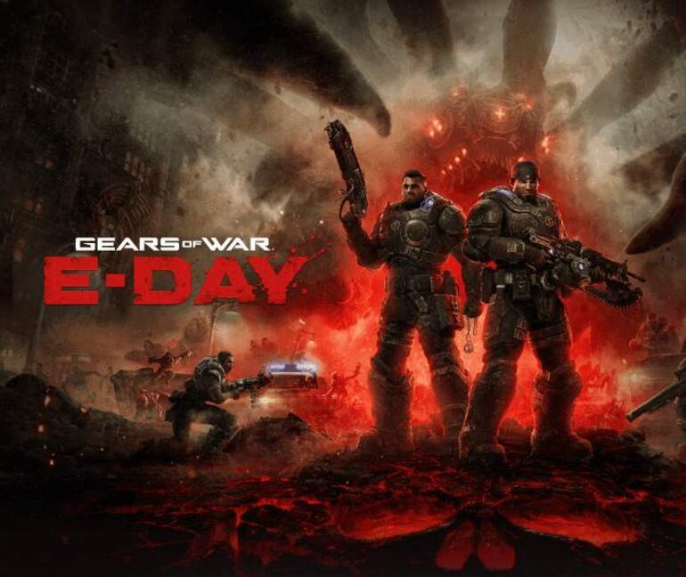 Ambiente de acción con personajes del videojuego Gears of War, en un fondo montañoso.