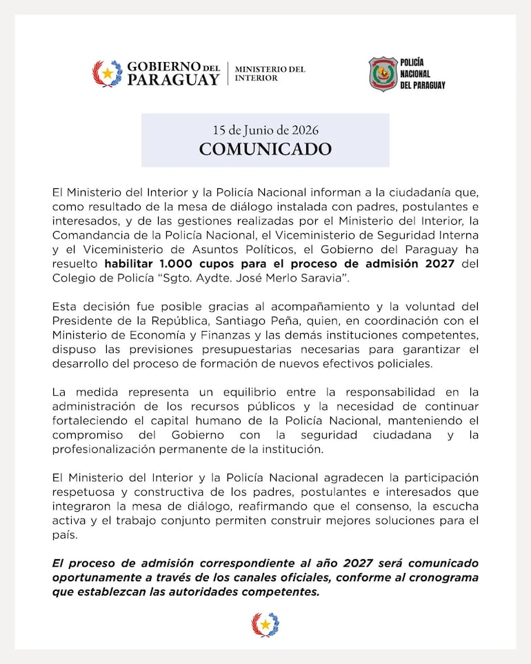 El comunicado del Gobierno sobre la habilitación de 1.000 cupos para el Colegio de Policía en 2027.
