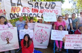 La imagen muestra a un grupo de aproximadamente 20 personas participando en una manifestación al aire libre, rodeadas de vegetación. La mayoría de los presentes son mujeres, algunas llevan camisetas rosa, lo que puede indicar una asociación con la causa del cáncer de mama. Una mujer en el centro sostiene una pancarta que dice "APACMAFA - HNI", que representa a una asociación de pacientes de cáncer.
Se observan varias pancartas con mensajes como "La salud no es un negocio" y "Necesitamos medicamentos", indicando que la protesta está relacionada con la atención médica y los tratamientos. Dos niños están presentes, uno en primer plano sosteniendo un cartel.
El entorno es luminoso y parece ser un espacio público, probablemente en una plaza o parque. Los participantes muestran expresiones de determinación y preocupación, mientras que algunos levantan carteles o pancartas. No se identifican figuras públicas ni equipos de fútbol en la imagen.