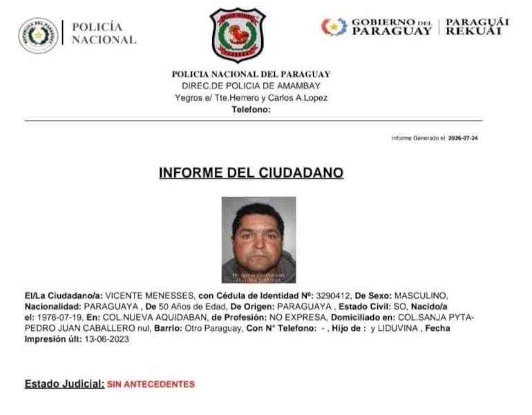 La víctima de Homicidio, de nombre Vicente Menesses, no poseía antecedentes penales, según la Policía Nacional