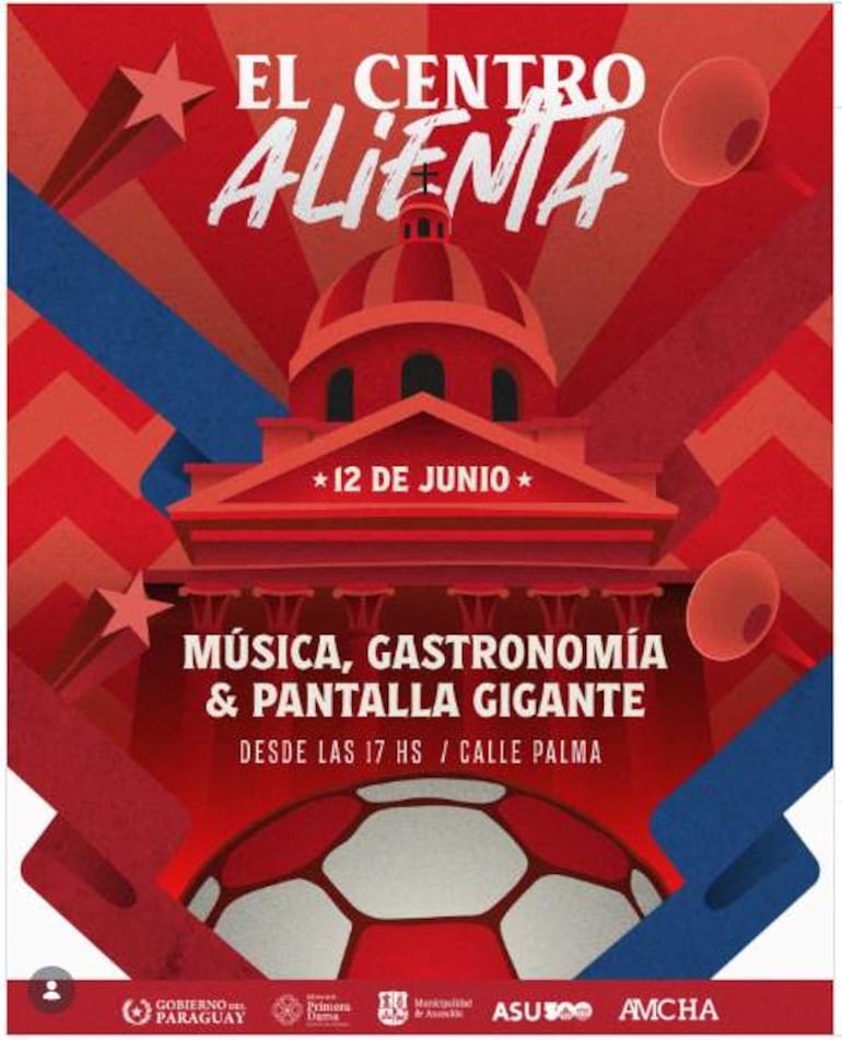 Cartel colorido de 'El Centro Alienta' con texto sobre música y pantallas gigantes en la calle Palma.