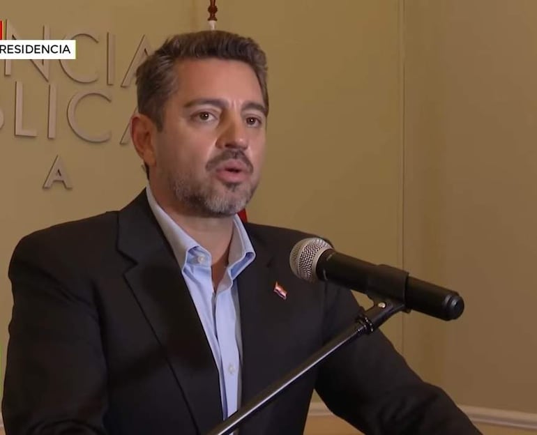 Pedro Alliana, con camisa azul y saco negro, habla frente a un micrófono en un ambiente formal con decoraciones gubernamentales.