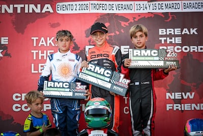 Tony Pugliesi (centro) logró su segunda victoria al hilo en la Rotax Micro Max este año.