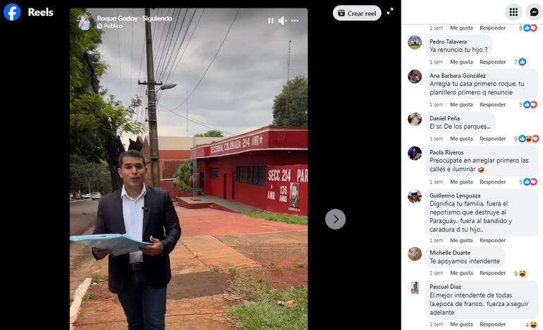 Las críticas de los internautas en la fanpage del intendente Roque Godoy por el escándalo del "nepobaby" Elía Martín Godoy Torres.