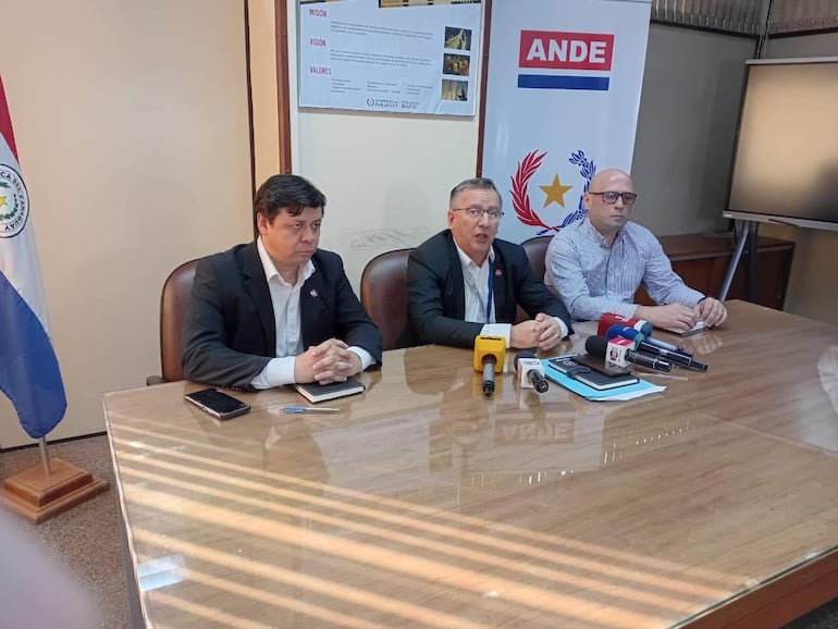 Hombres en trajes conversan en mesa con micrófonos, bandera de Paraguay visible y banner de ANDE al fondo.