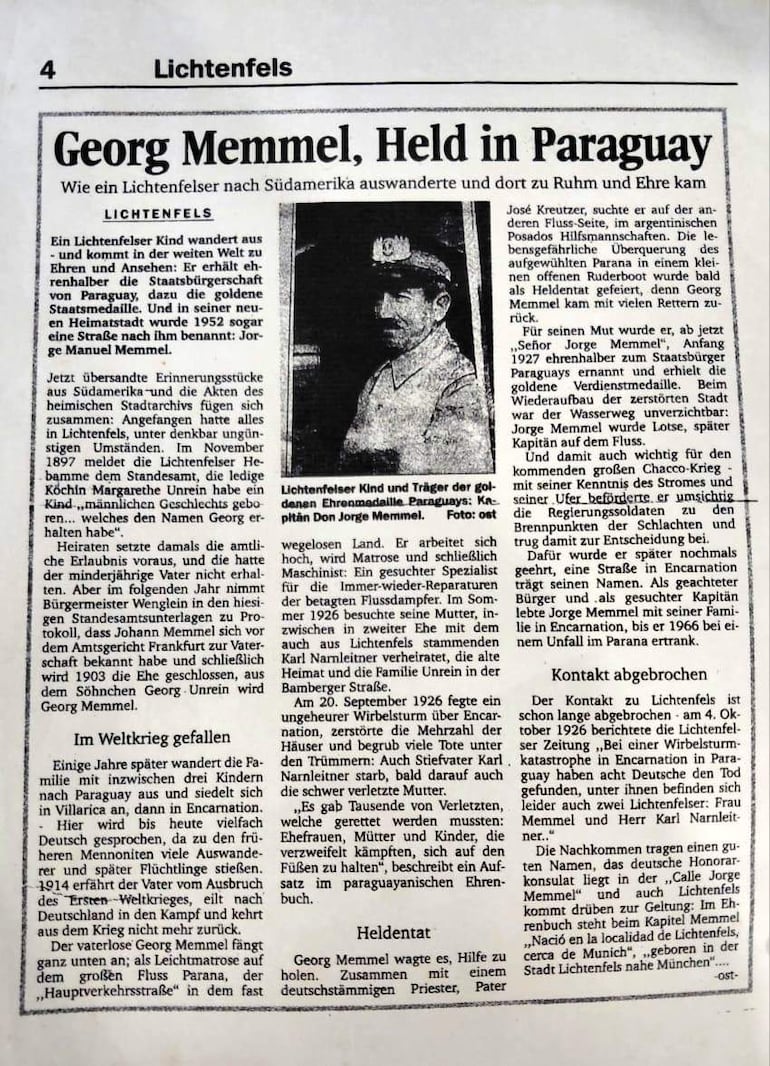 Artículo de periódico sobre Georg Memmel, resaltando su valentía durante la tragedia del tornado en Paraguay.