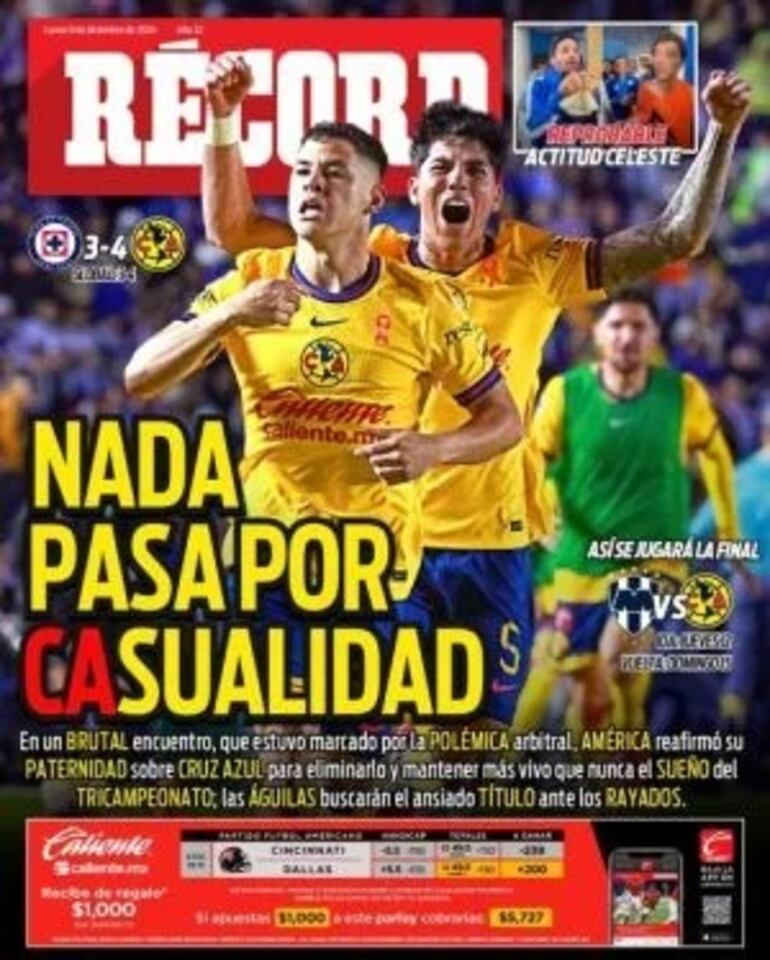 El paraguayo Richard Sánchez, futbolista del América, es portada del Diario Récord de México.