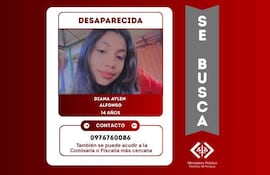 Cartel de búsqueda con fondo rojo, foto de Diana Aylen Alfonso con cabello largo, su nombre y un número de contacto.