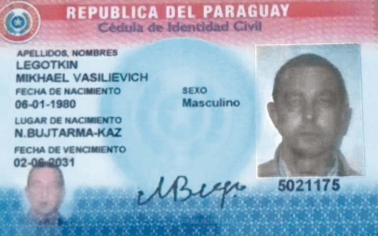 Cédula paraguaya del asesinado Mikhael Vasilievich Legotkin.