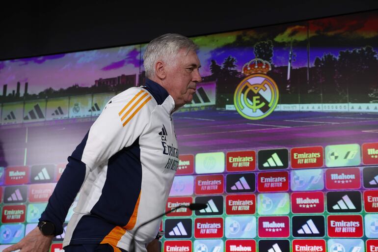 El italiano Carlo Ancelotti, entrenador de Real Madrid, en la rueda de prensa previa al partido frente a Mallorca por LaLiga de España.