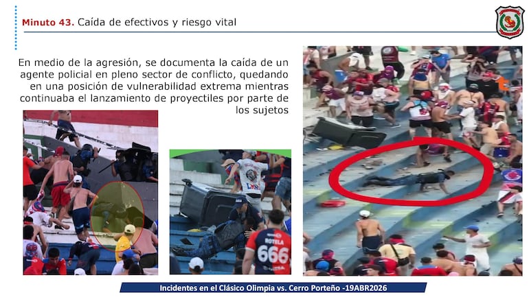 Momento en que un agente antidisturbio cae en las graderías en medio del conflicto con barrabravas.