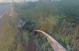 Escena en una carretera flanqueada de vegetación, sin personas visibles, donde un auto cayó al río Tebicuary.
