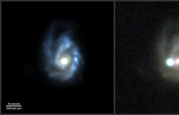 La supernova superluminosa SN 2017egm fue descubierta por la misión European Space Agency mediante el telescopio espacial Gaia mission el 23 de mayo de 2017. La explosión ocurrió en una gran galaxia espiral barrada conocida como NGC 3191, mostrada a la izquierda antes del estallido. La imagen de la derecha, tomada el 1 de julio de 2017, muestra la supernova brillando con tal intensidad que llega a superar la luminosidad de toda su galaxia.