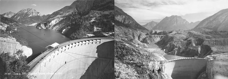 La presa de Vijont antes y después de la catástrofe del 9 de octubre de 1963.